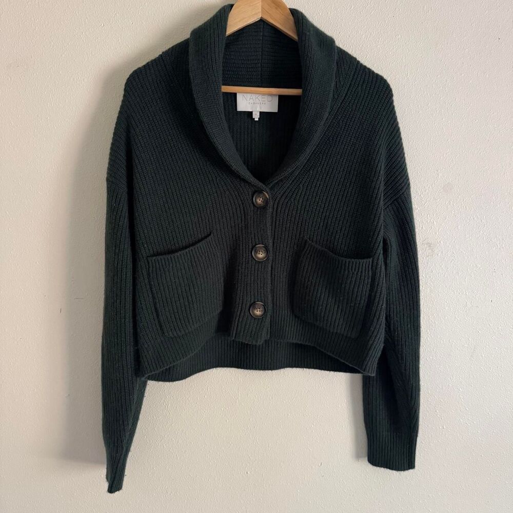 Naked Cashmere Forest Green Ribbed Cropped Cardigan S Shawl Collar Chunky Knit